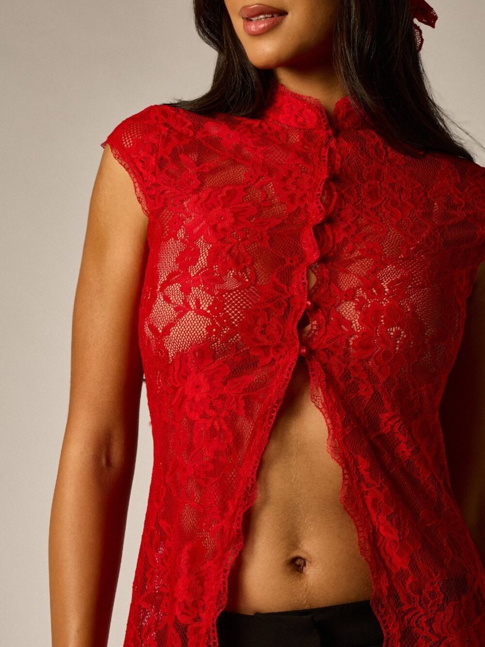 Red Party Women's Floral Lace Longline Open Front Duster Top - Picture 5 of 5